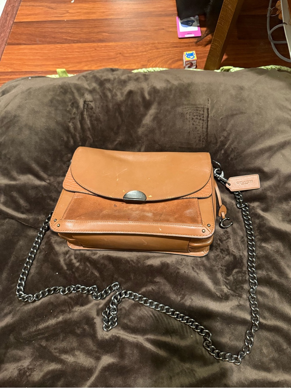 Coach Tan Leather Crossbody with Gunmetal Chain Strap $590
